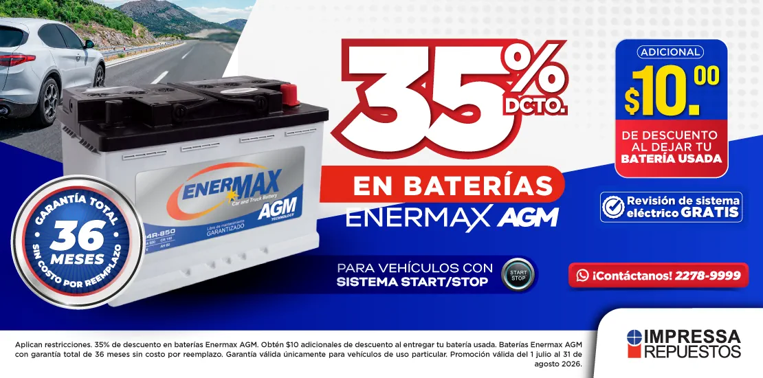 PROMOCIÓN 35% DE DESCUENTO BATERÍAS ENERMAX AGM  Y OBTÉN $10 DCTO AL DEJAR TU BATERÍA USADA