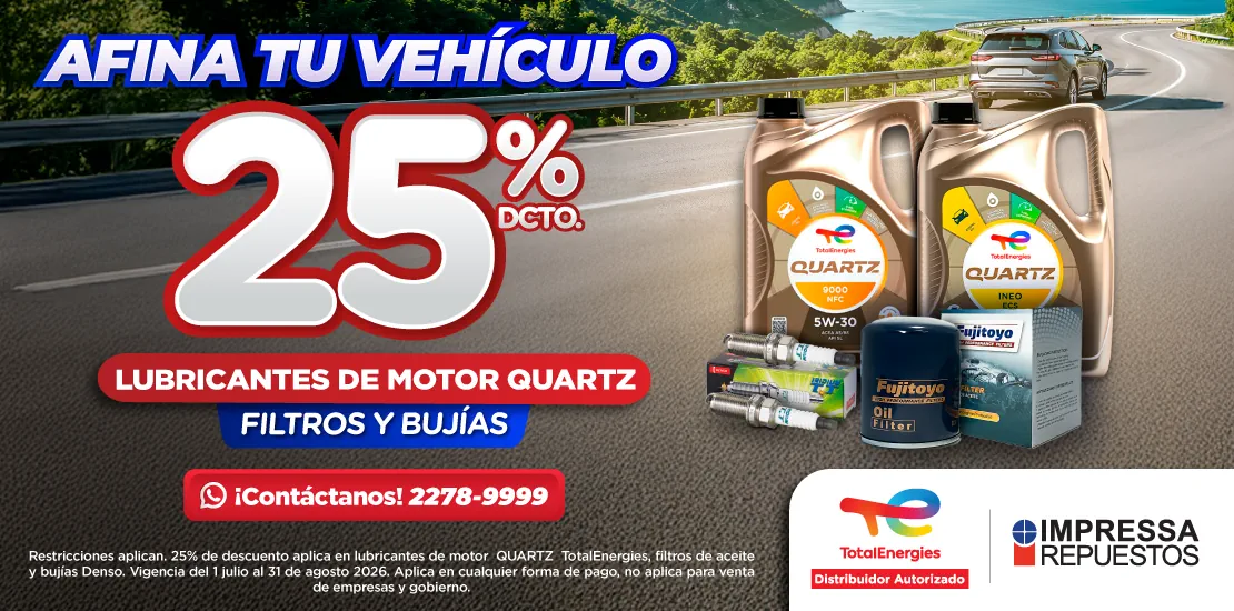 25% DE DESCUENTO EN lubricantes, bujías DENSO, filtros de aceite, aire y cabina.