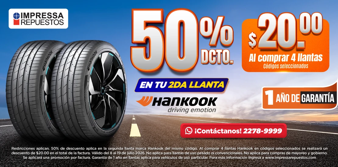 50% DE DESCUENTO EN TU 2DA LLANTA HANKOOK + BONO EXTRA DE $20
