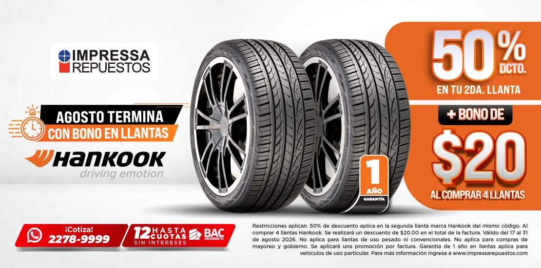 PROMOCIÓN 50% DCTO. EN TU 2DA LLANTA + BONO DE $20 AL COMPRAR 4 LLANTAS