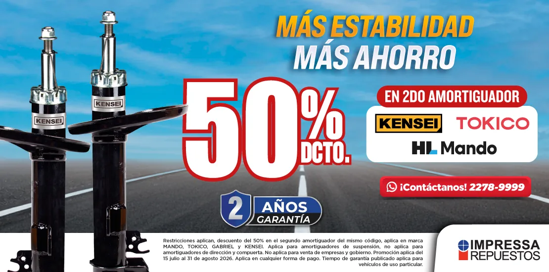 PROMOCIÓN EN AMORTIGUADORES MANDO, TOKICO, KENSEI Y GABRIEL CON 50% DE DESCUENTO EN EL SEGUNDO AMORTIGUADOR