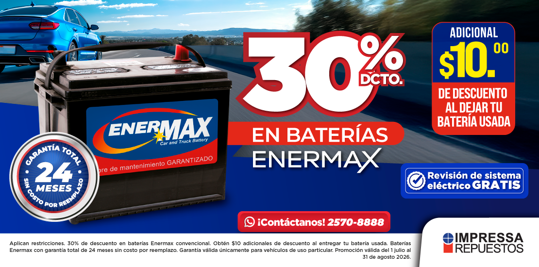 PROMOCIÓN 30% DESCUENTO BATERÍAS ENERMAX AGM  Y OBTÉN $10 DCTO AL DEJAR TU BATERÍA USADA