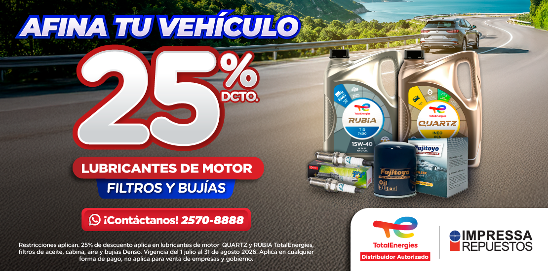 25% DE DESCUENTO EN lubricantes, bujías DENSO, filtros de aceite, aire y cabina.