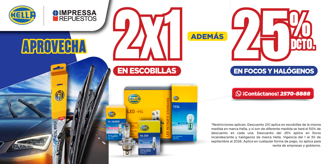 PROMOCIÓN EN ESCOBILLAS 2X1 HELLA Y 25% DE DESCUENTO EN FOCOS Y HALÓGENOS
