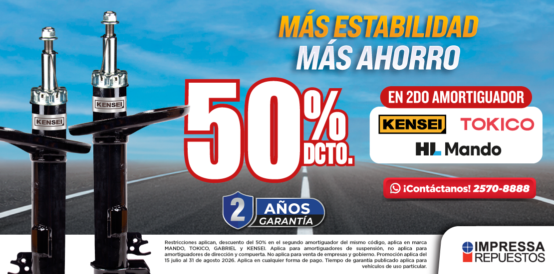 PROMOCIÓN EN AMORTIGUADORES MANDO, TOKICO, KENSEI Y GABRIEL CON 50% DE DESCUENTO EN EL SEGUNDO AMORTIGUADOR