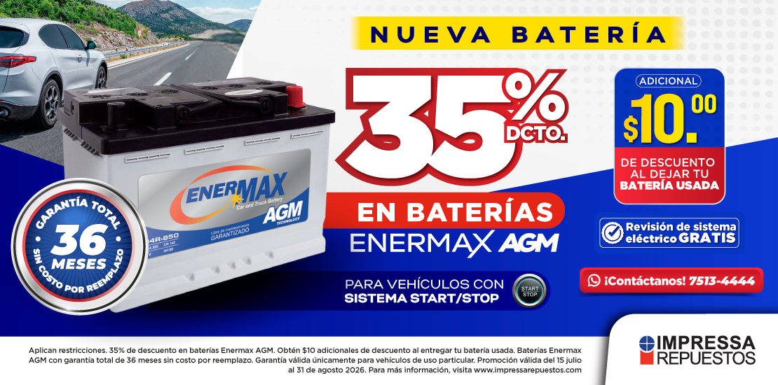 PROMOCIÓN 35% DE DESCUENTO BATERÍAS ENERMAX AGM Y OBTÉN $10 DCTO AL DEJAR TU BATERÍA USADA